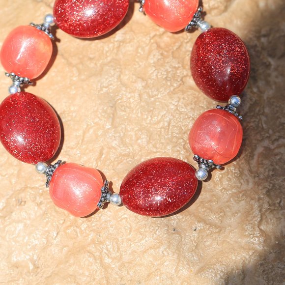 Coral and Red Sparkly Bracelet - Picture 2 of 5